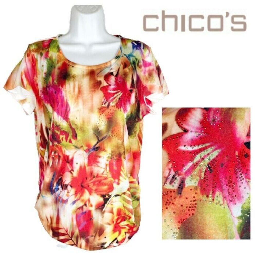 Chicos 1 Knit Top NEW M Pink Green White Colorful FLORAL Studs Rhinestones USA - Picture 1 of 8